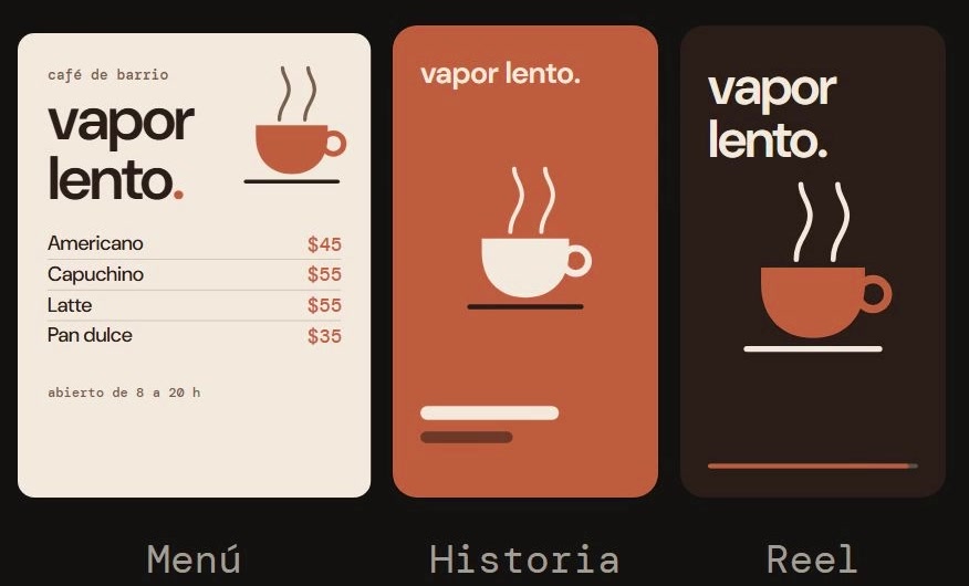 La identidad de Vapor Lento aplicada a tres piezas: un menú en crema, una historia en terracota y un reel en espresso, con la misma taza y el mismo nombre.